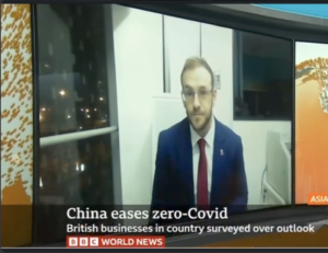 Still of MD Steven Lynch on BBC World News, discussing the end of zero-covid in China.